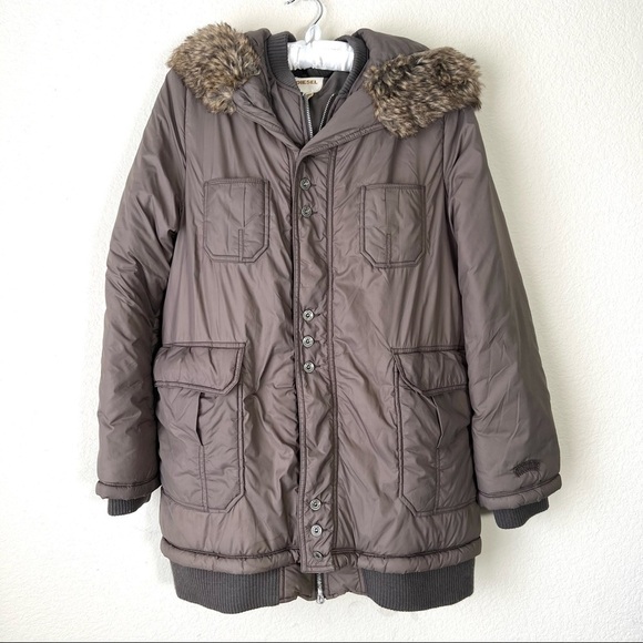 Vintage Diesel Long Coat Brown with Fur Trimmed Hood Double Layer Size Small - Picture 1 of 15